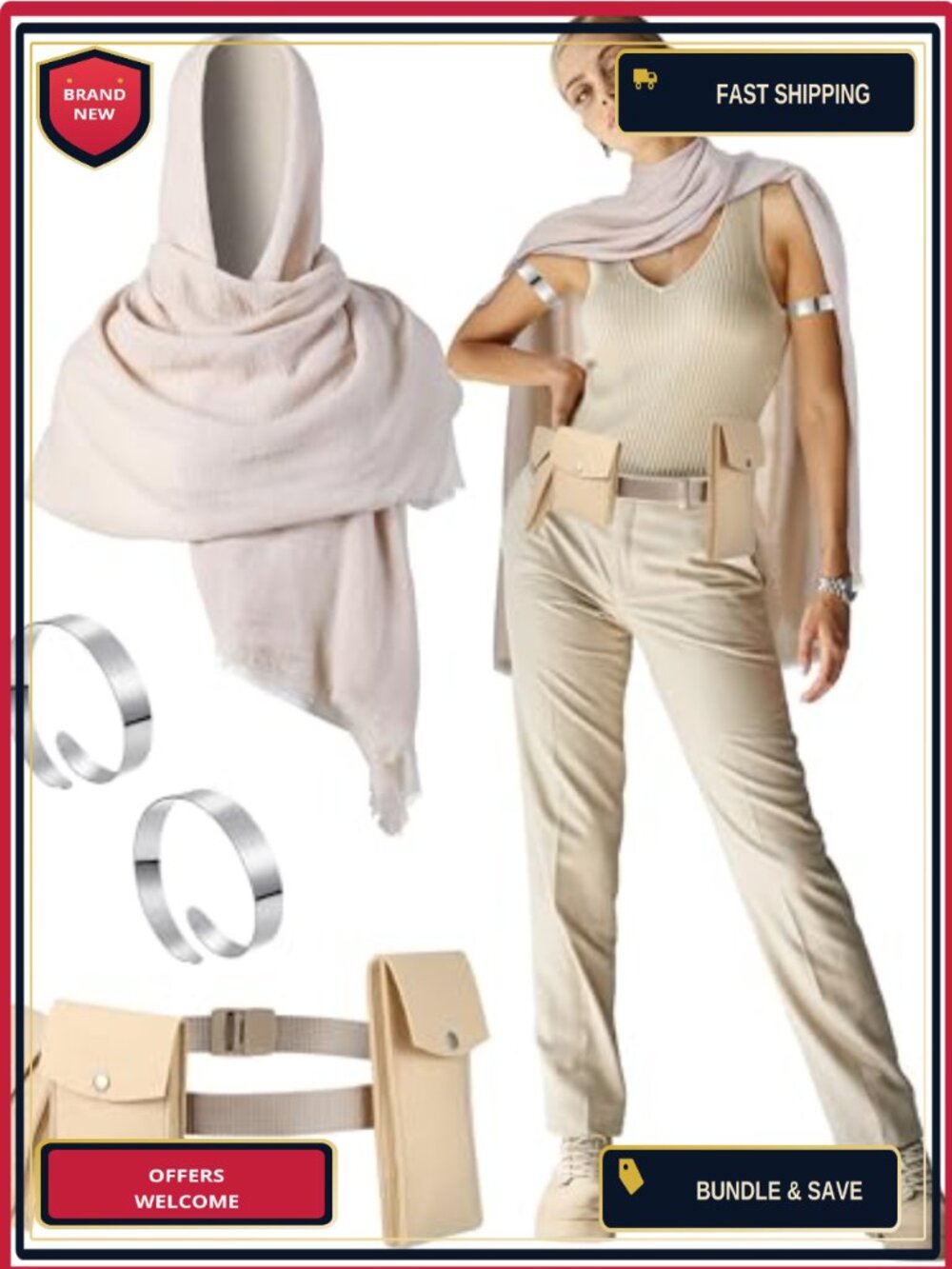 6 Pc Halloween Costume Accessory Set Shawl Belt Pocket Bags Arm Cuffs